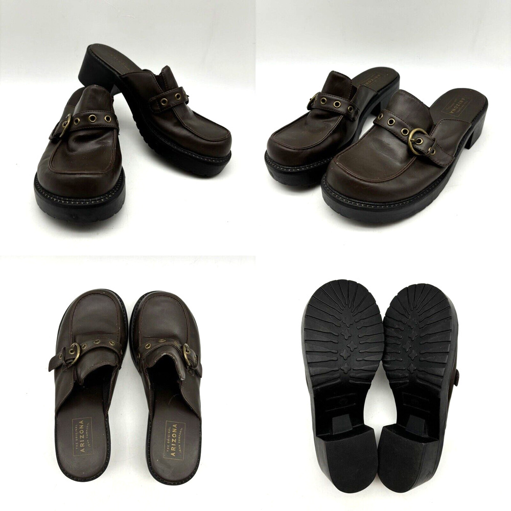 Vintage 90s Y2K Arizona Jean Co 'SHINE' Brown Faux Leather Chunk Heel Mules 7M